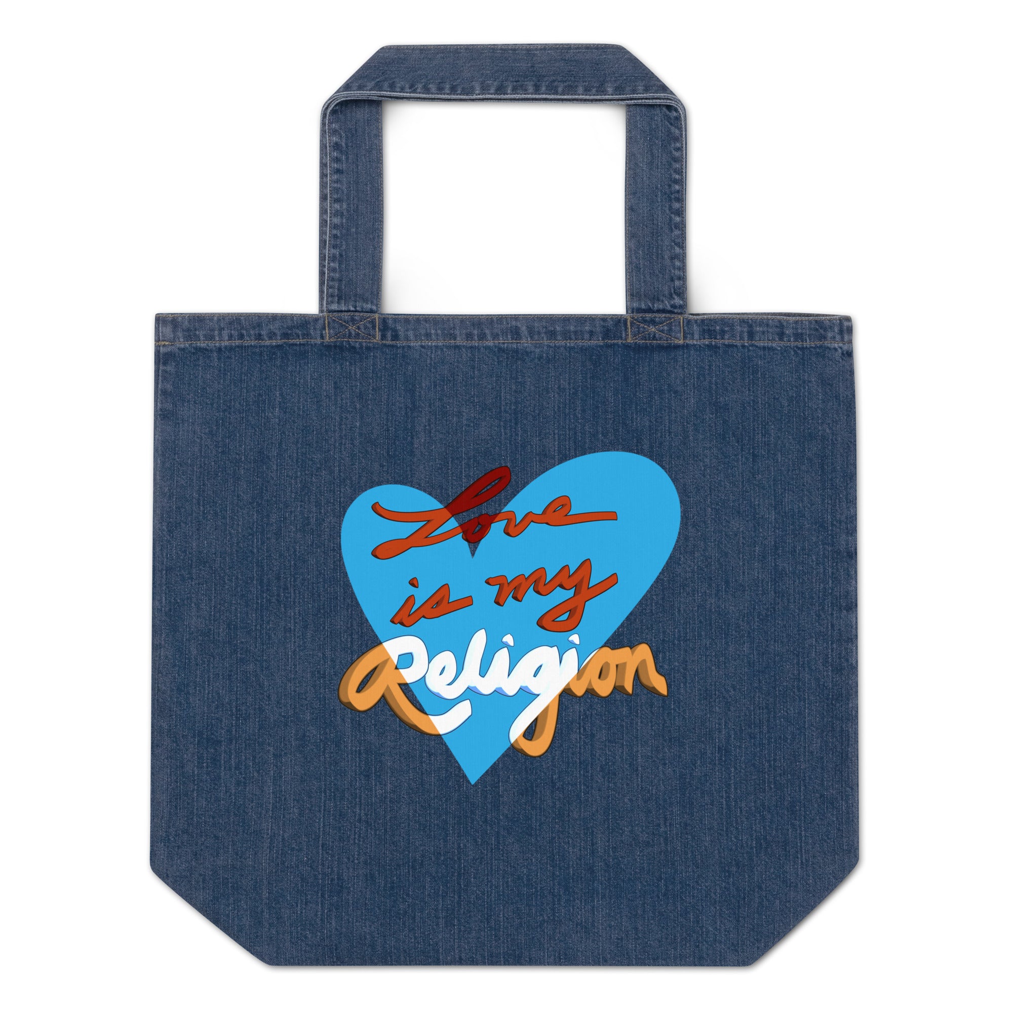 LOVE IS MY RELIGION denim tote bag