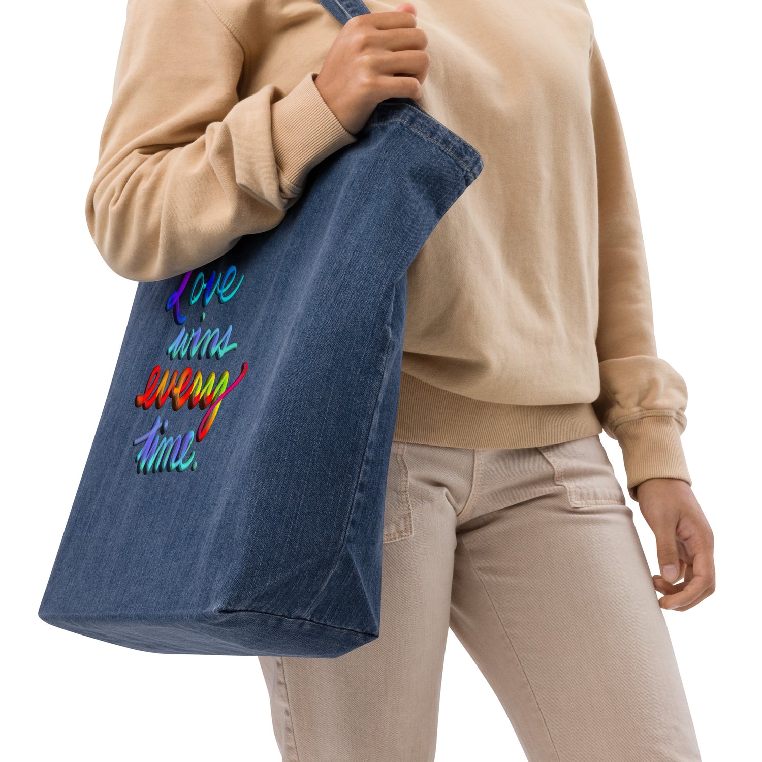 Organic denim tote bag: LOVE