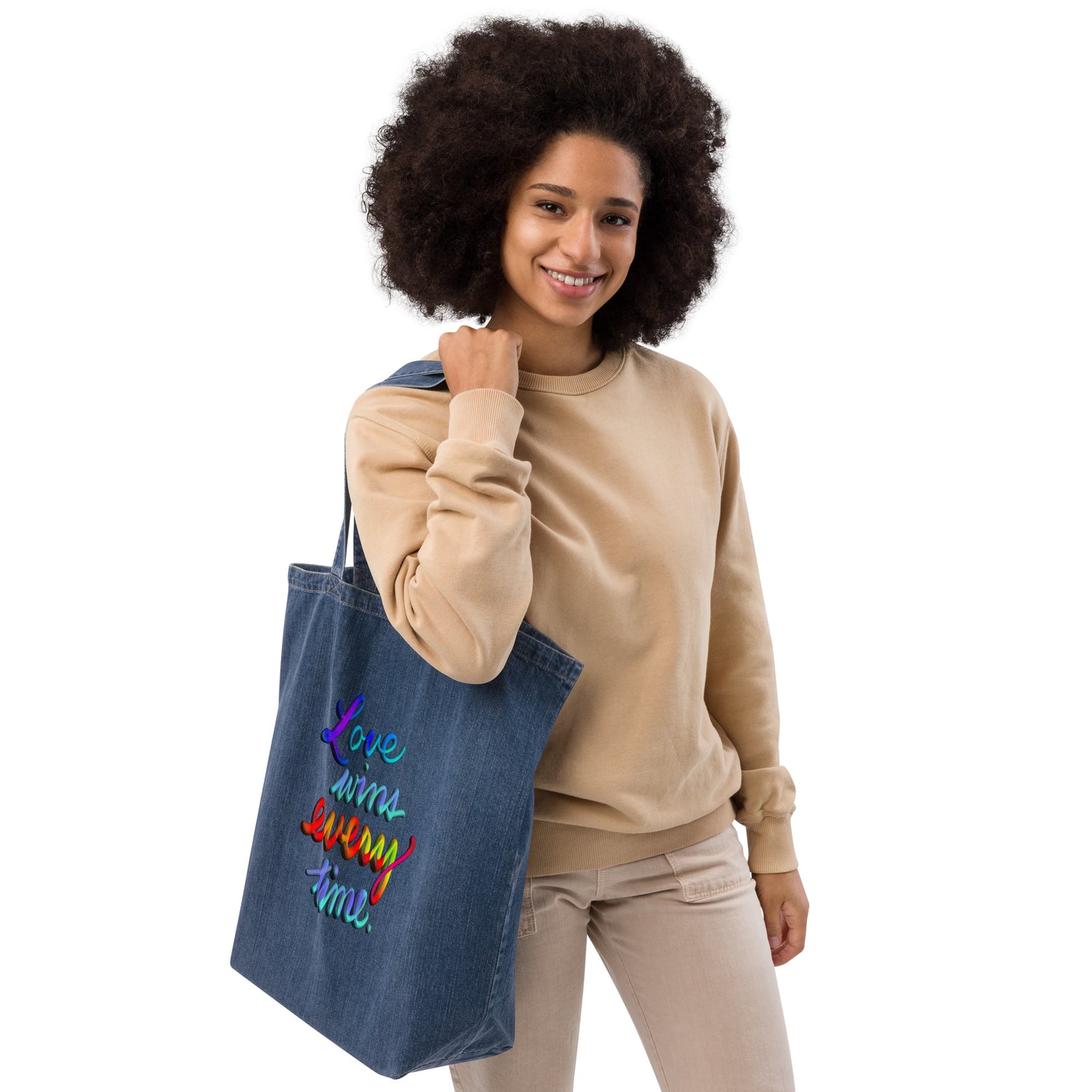 Organic denim tote bag: LOVE